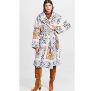 Sea NY Sydney Patchwork Floral Quilted Long Trench Coat Blue Size S